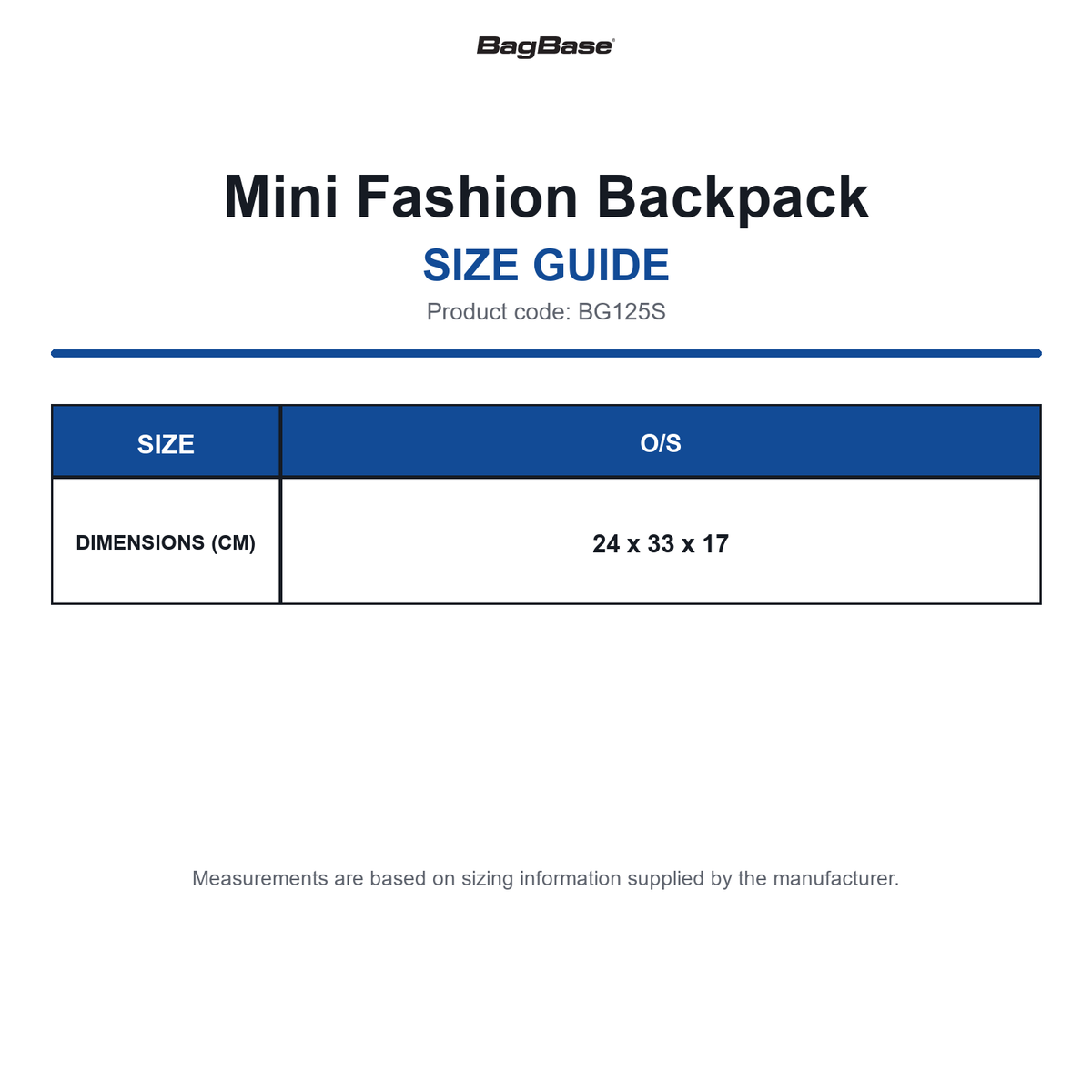 BG125S Bagbase Mini Fashion Backpack size guide (BG125S)