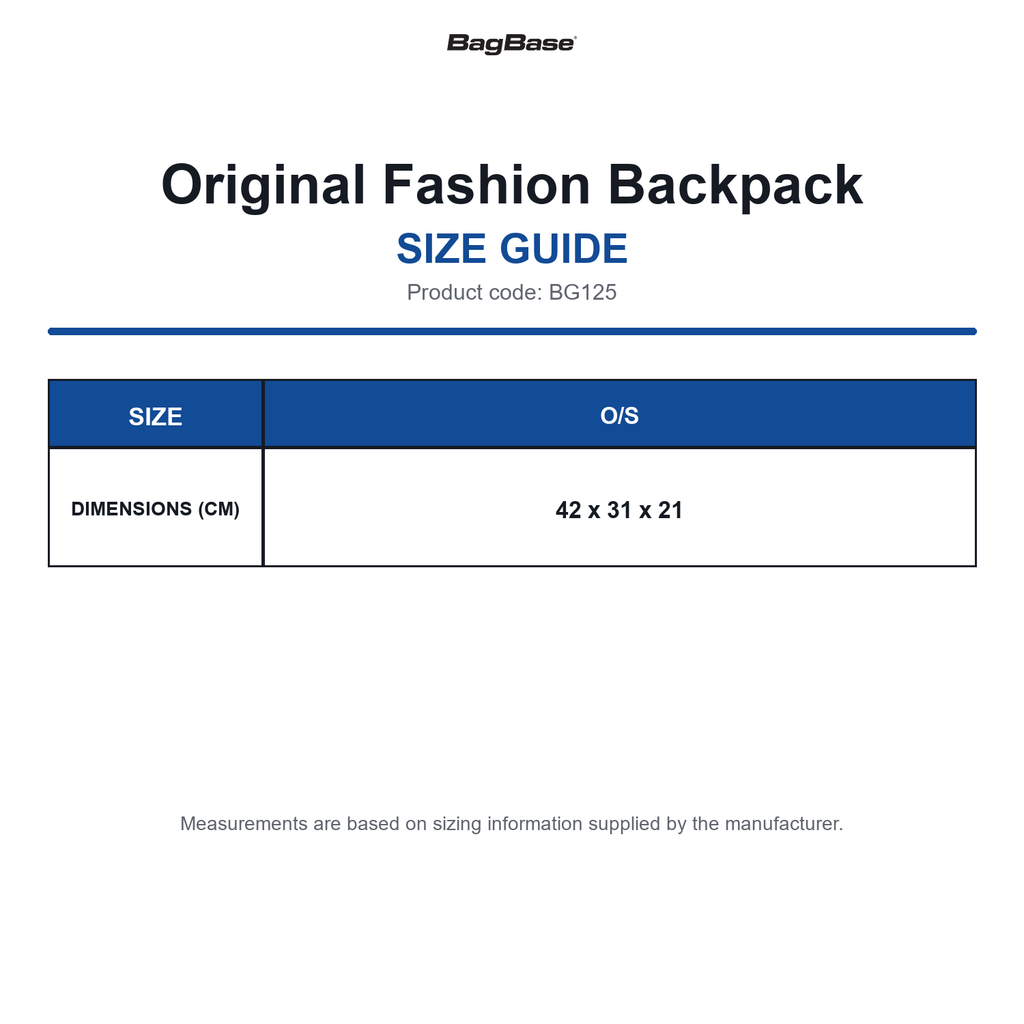 BG125 Bagbase Original Fashion Backpack size guide (BG125)