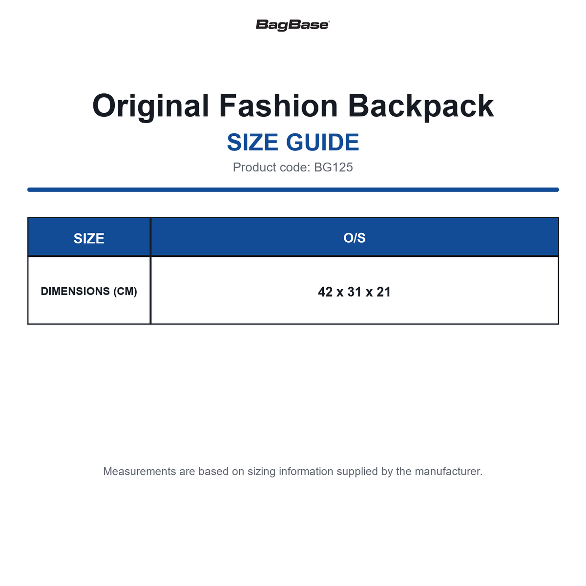 BG125 Bagbase Original Fashion Backpack size guide (BG125)