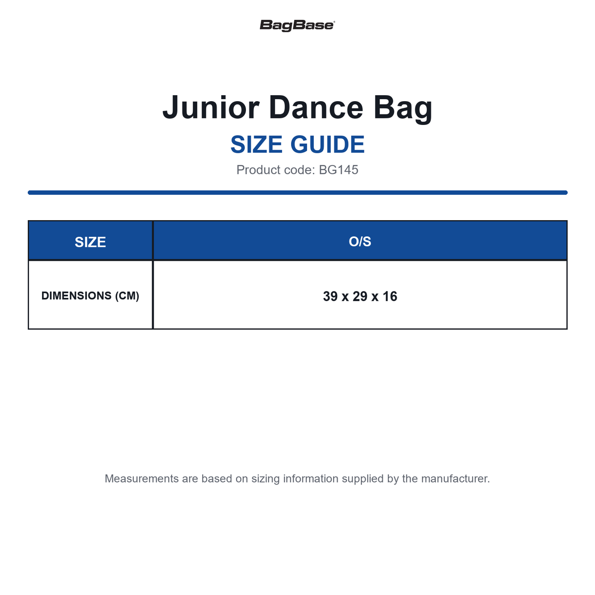 BG145 Bagbase Junior Dance Bag size guide (BG145)