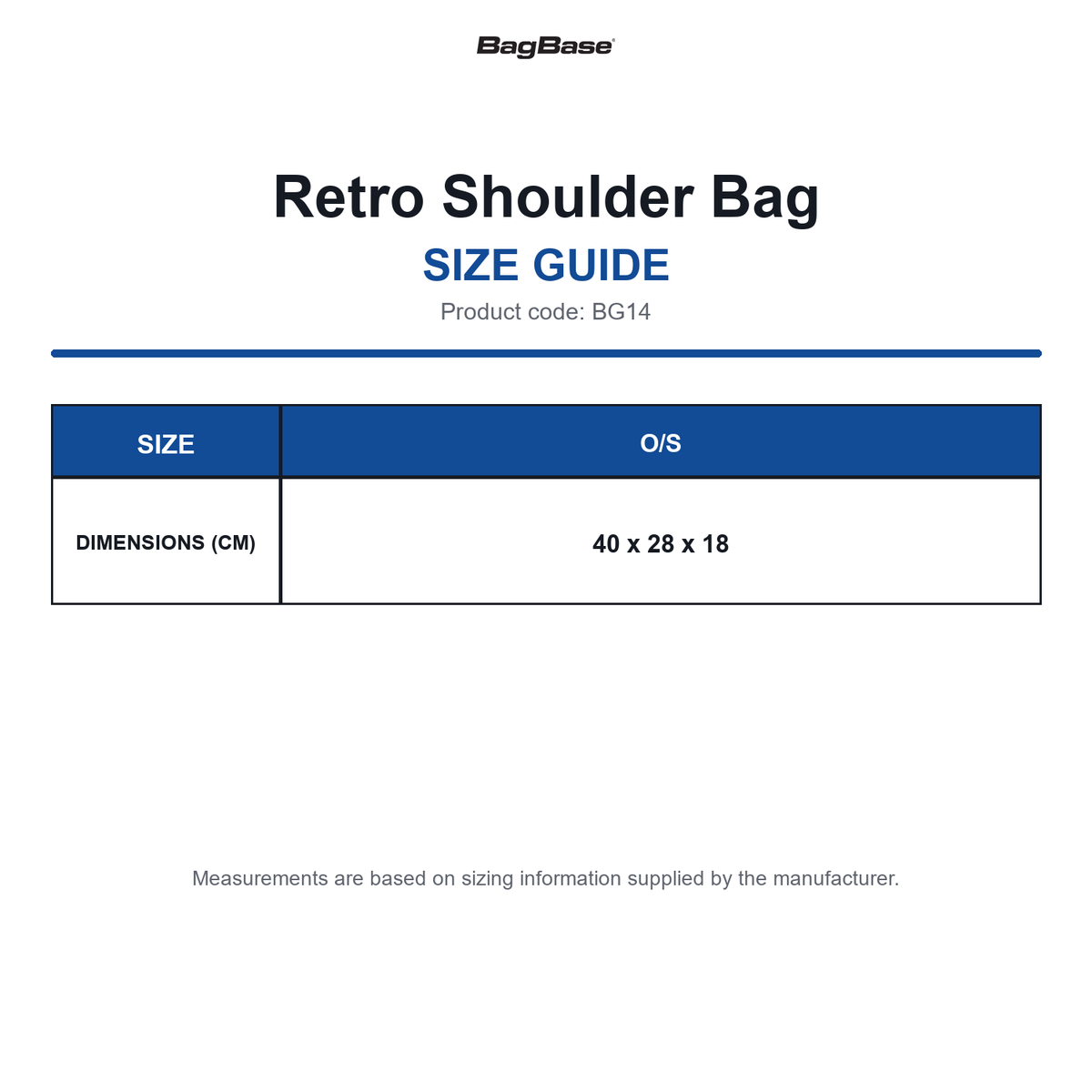 BG14 Bagbase Retro Shoulder Bag size guide (BG14)