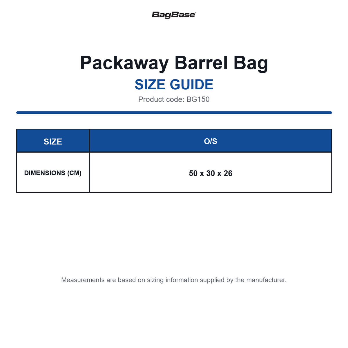 BG150 Bagbase Packaway Barrel Bag size guide (BG150)