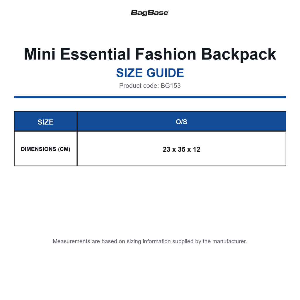BG153 Bagbase Mini Essential Fashion Backpack size guide (BG153)