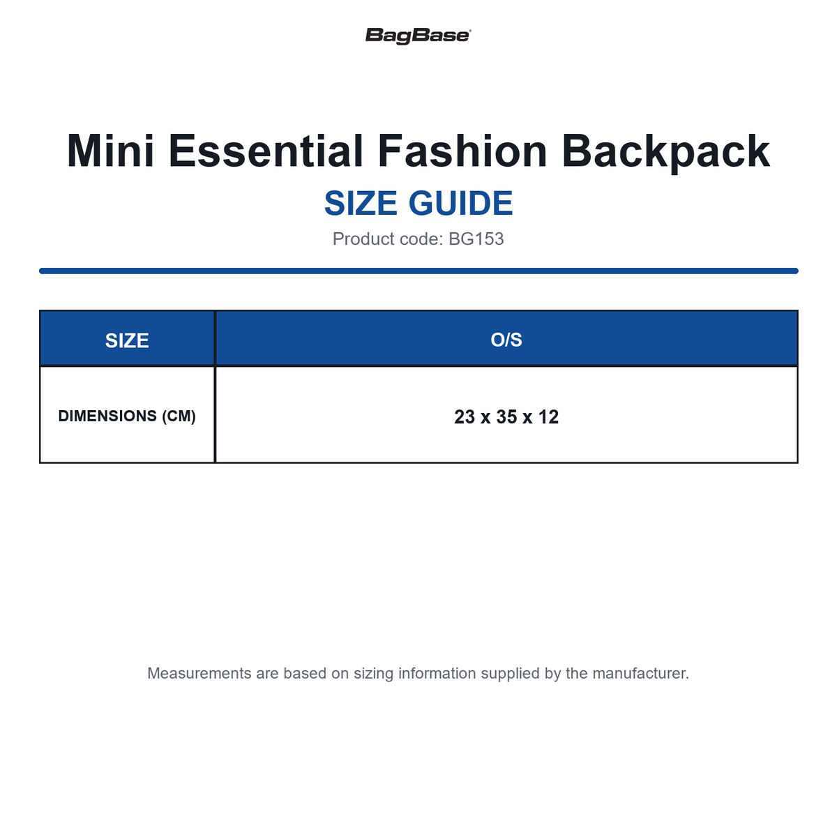 BG153 Bagbase Mini Essential Fashion Backpack size guide (BG153)