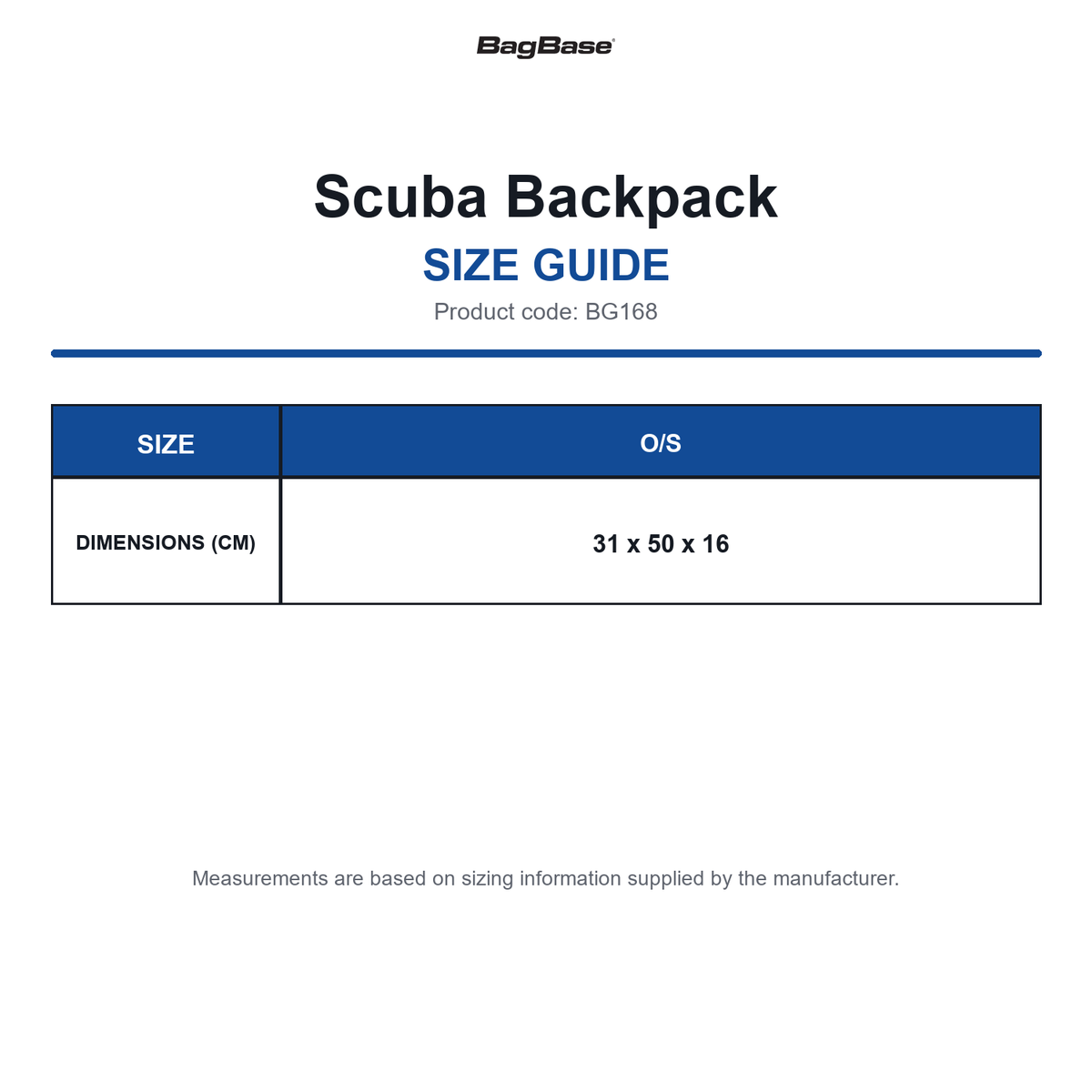 BG168 Bagbase Scuba Backpack size guide (BG168)