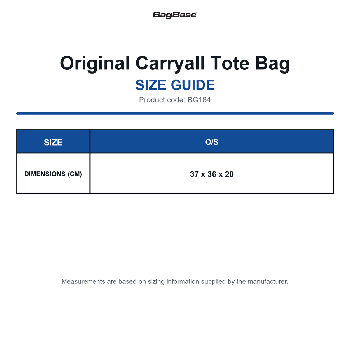 BG184 Bagbase Original Carryall Tote Bag size guide (BG184)