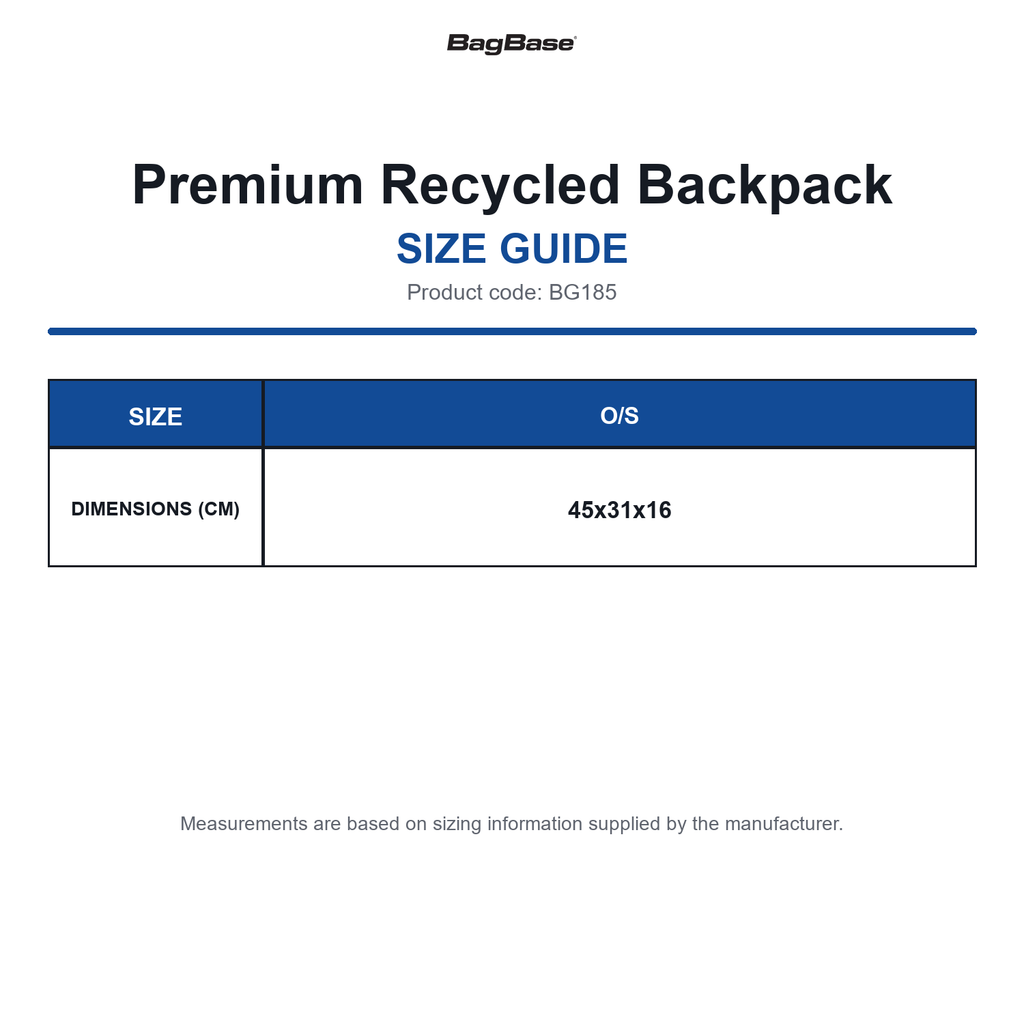 BG185 Bagbase Premium Recycled Backpack size guide (BG185)