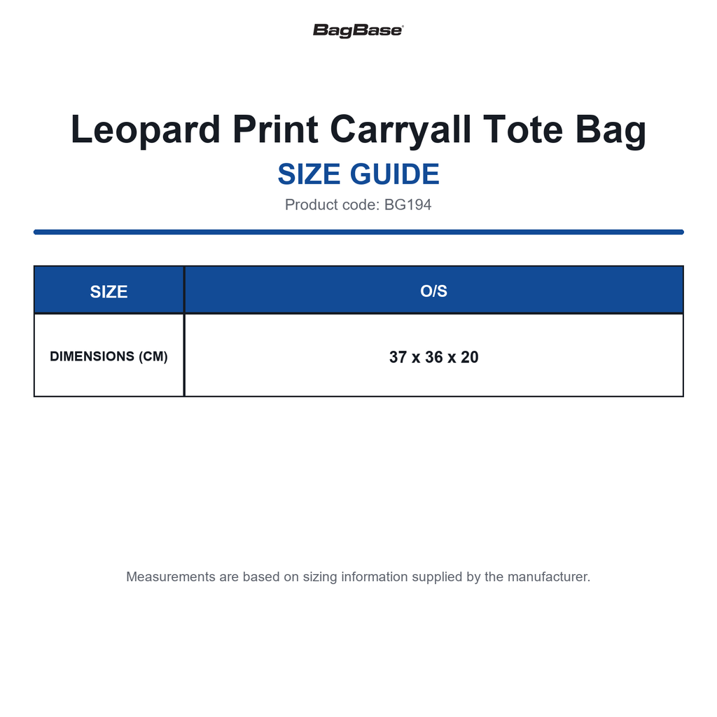 BG194 Bagbase Leopard Print Carryall Tote Bag size guide (BG194)
