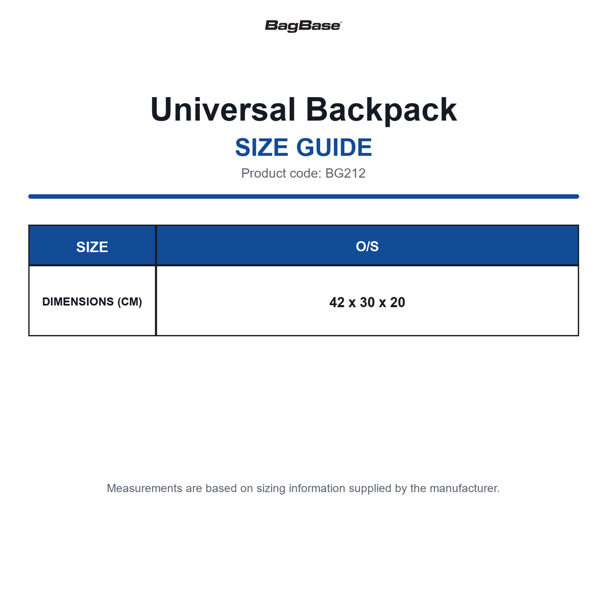 BG212 Bagbase Universal Backpack size guide (BG212)