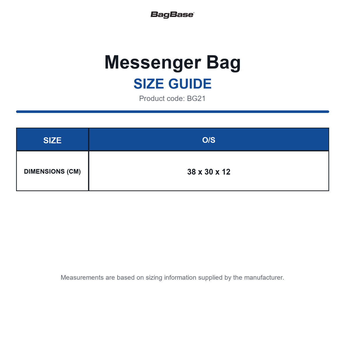 BG21 Bagbase Messenger Bag size guide (BG21)