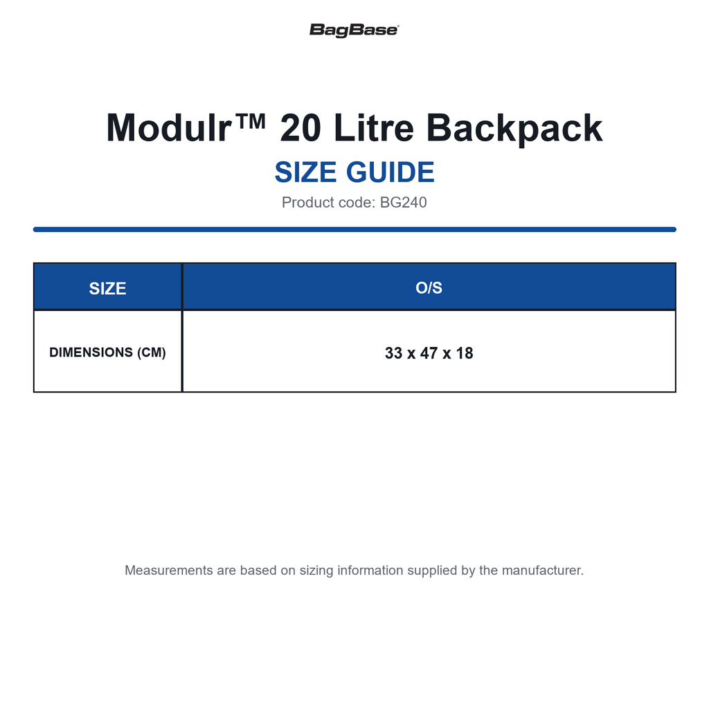 BG240 Bagbase Modulr™ 20 Litre Backpack size guide (BG240)