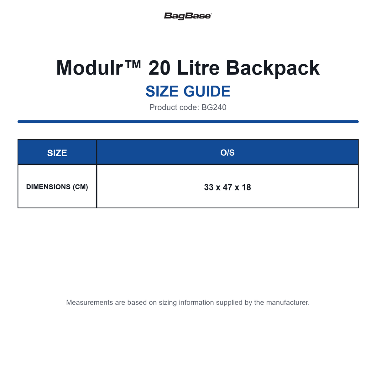 BG240 Bagbase Modulr™ 20 Litre Backpack size guide (BG240)