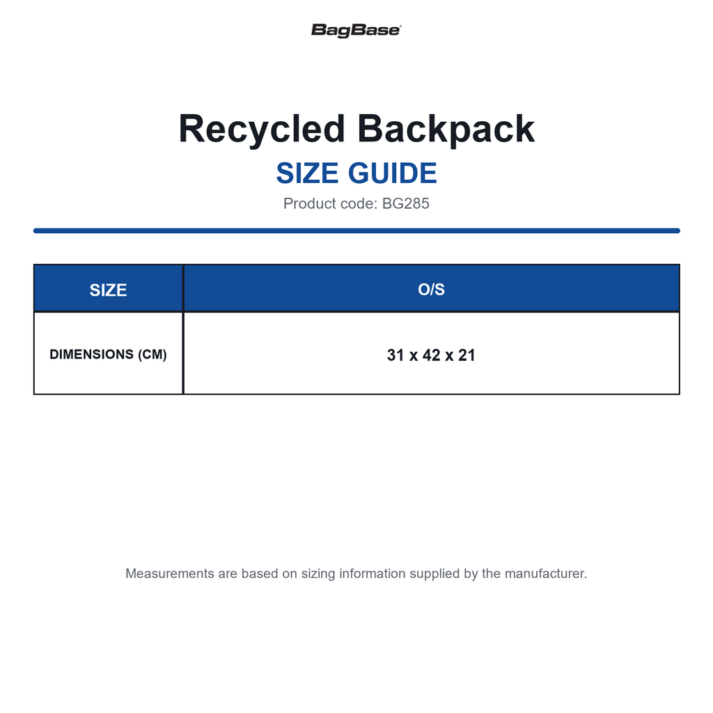 BG285 Bagbase Recycled Backpack size guide (BG285)