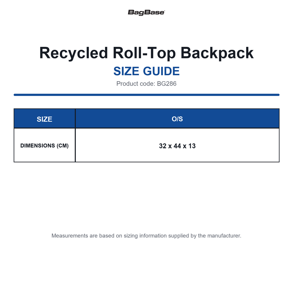 BG286 Bagbase Recycled Roll-Top Backpack size guide (BG286)