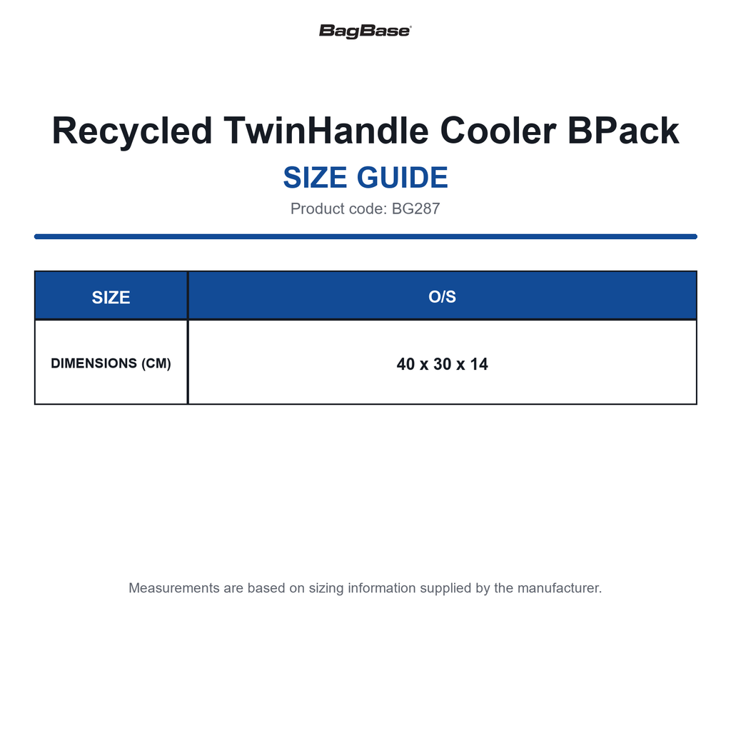 BG287 Bagbase Recycled TwinHandle Cooler BPack size guide (BG287)