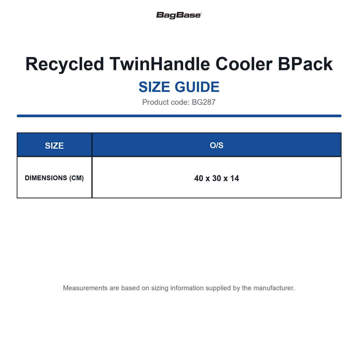 BG287 Bagbase Recycled TwinHandle Cooler BPack size guide (BG287)
