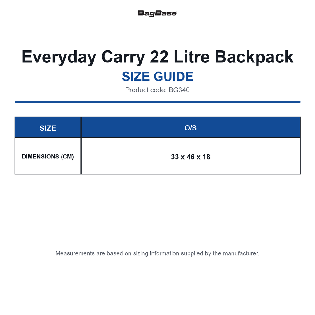 BG340 Bagbase Everyday Carry 22 Litre Backpack size guide (BG340)