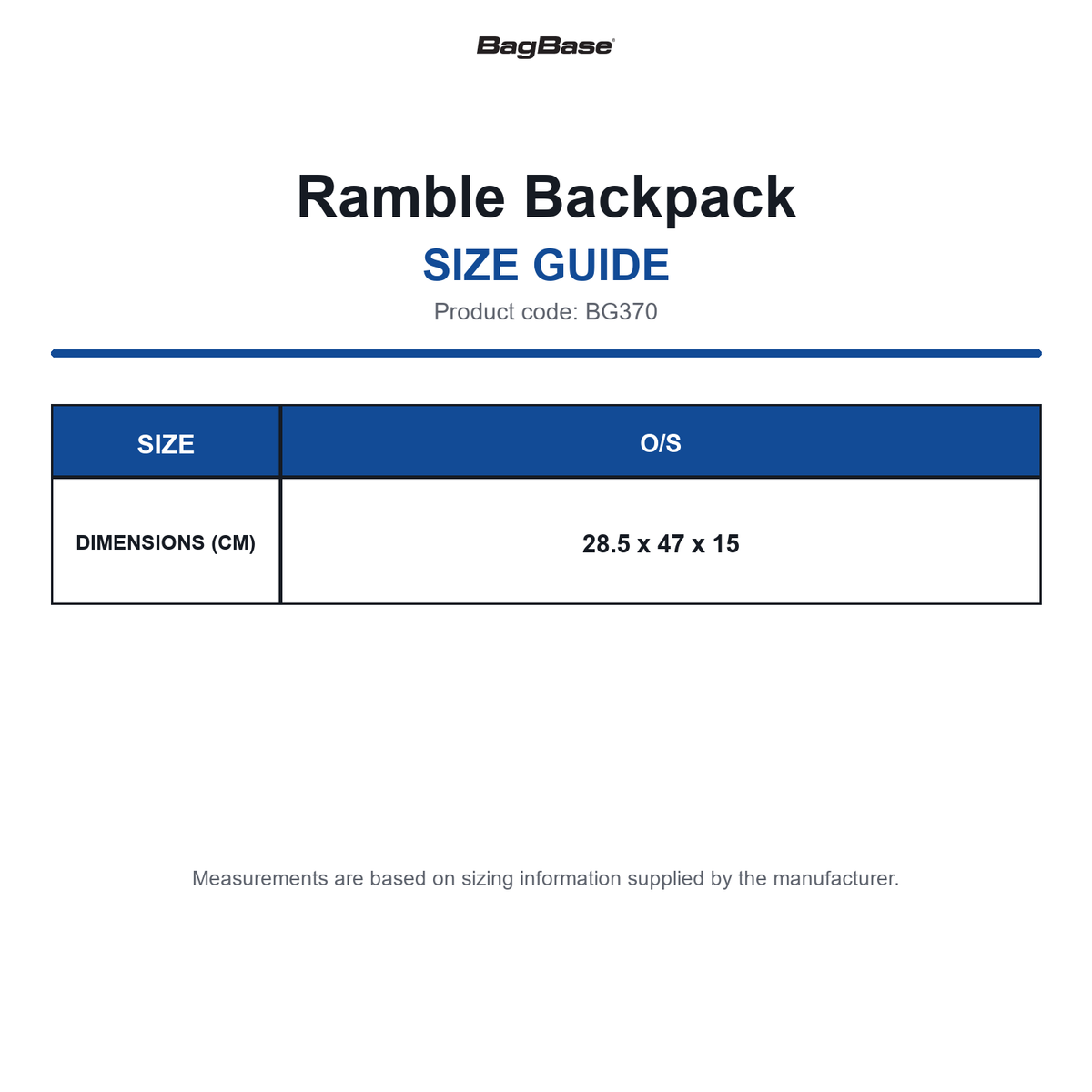 BG370 Bagbase Ramble Backpack size guide (BG370)