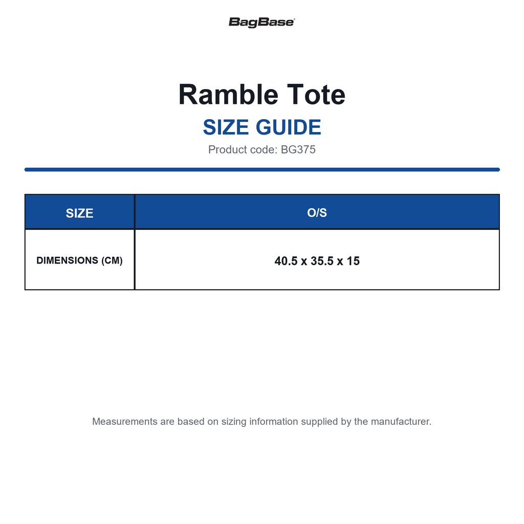 BG375 Bagbase Ramble Tote size guide (BG375)