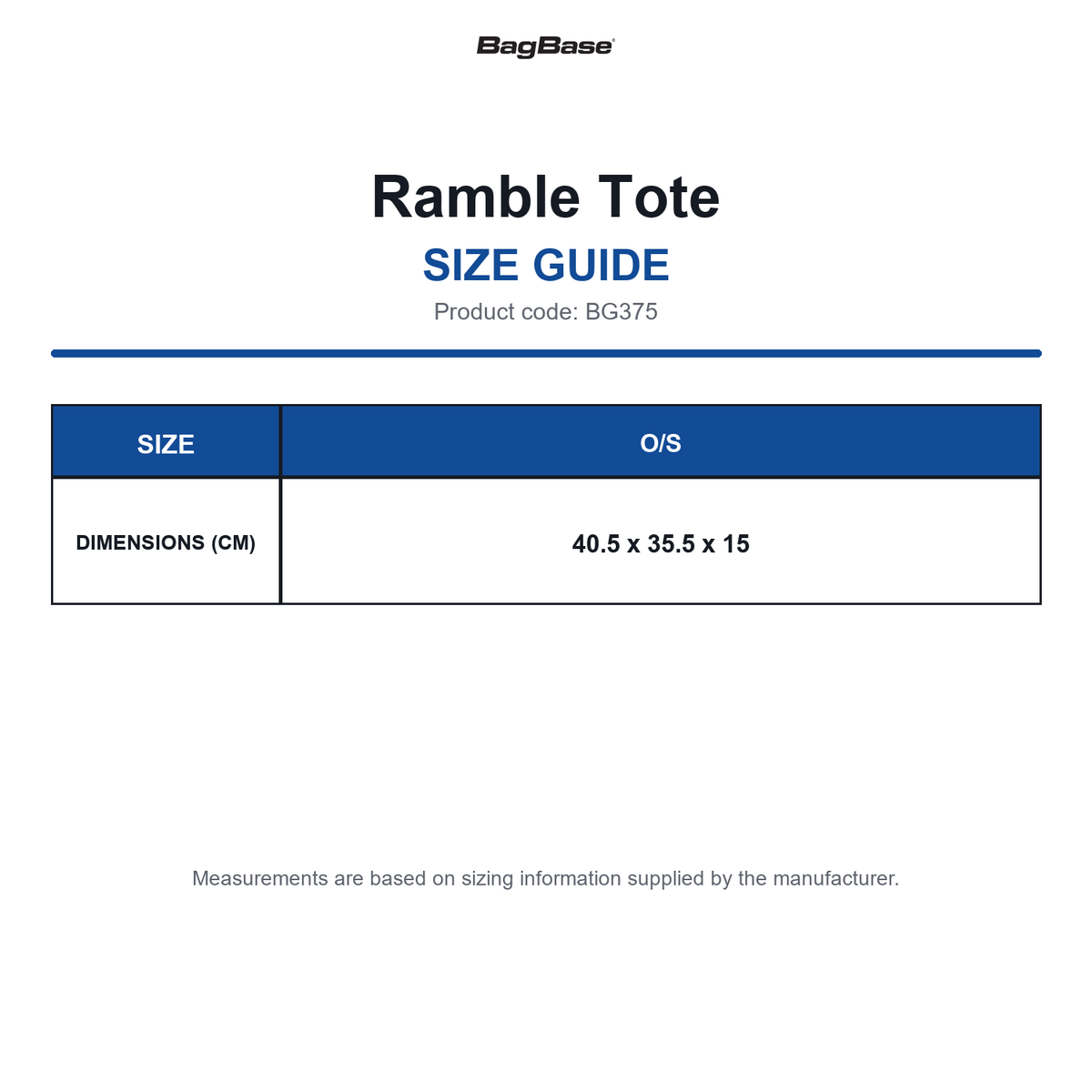 BG375 Bagbase Ramble Tote size guide (BG375)
