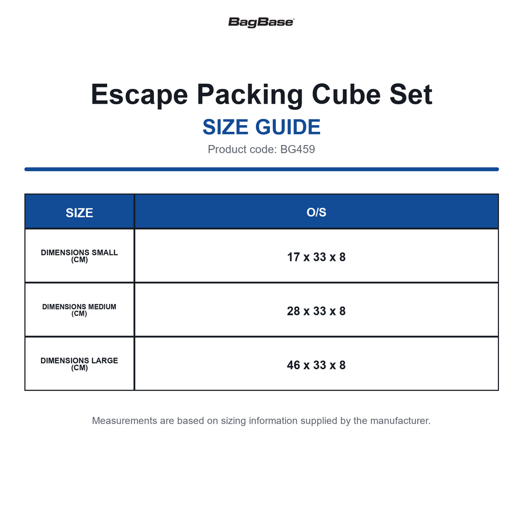 BG459 Bagbase Escape Packing Cube Set size guide (BG459)