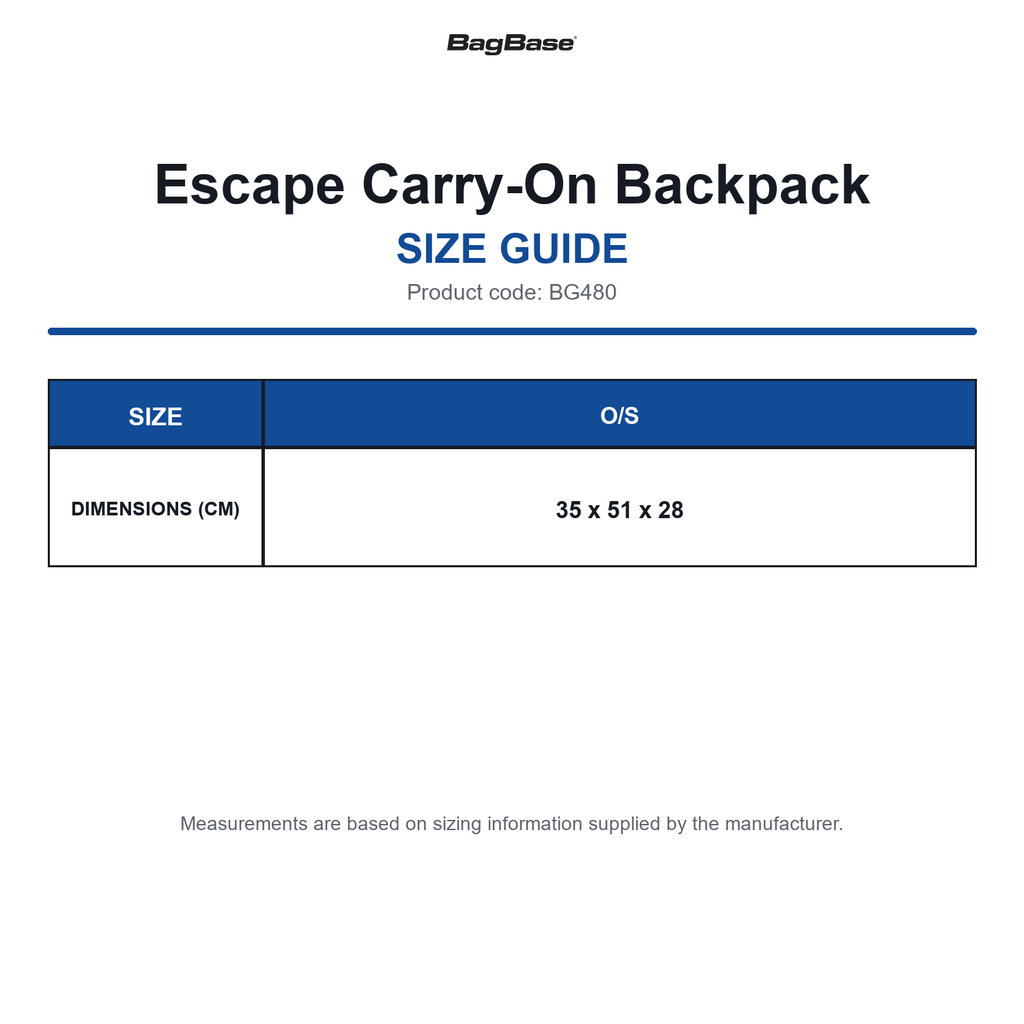 BG480 Bagbase Escape Carry-On Backpack size guide (BG480)