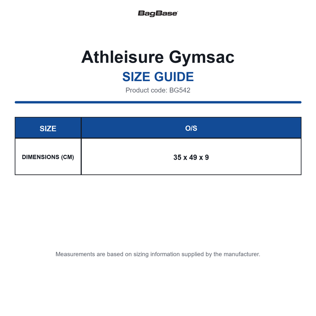 BG542 Bagbase Athleisure Gymsac size guide (BG542)