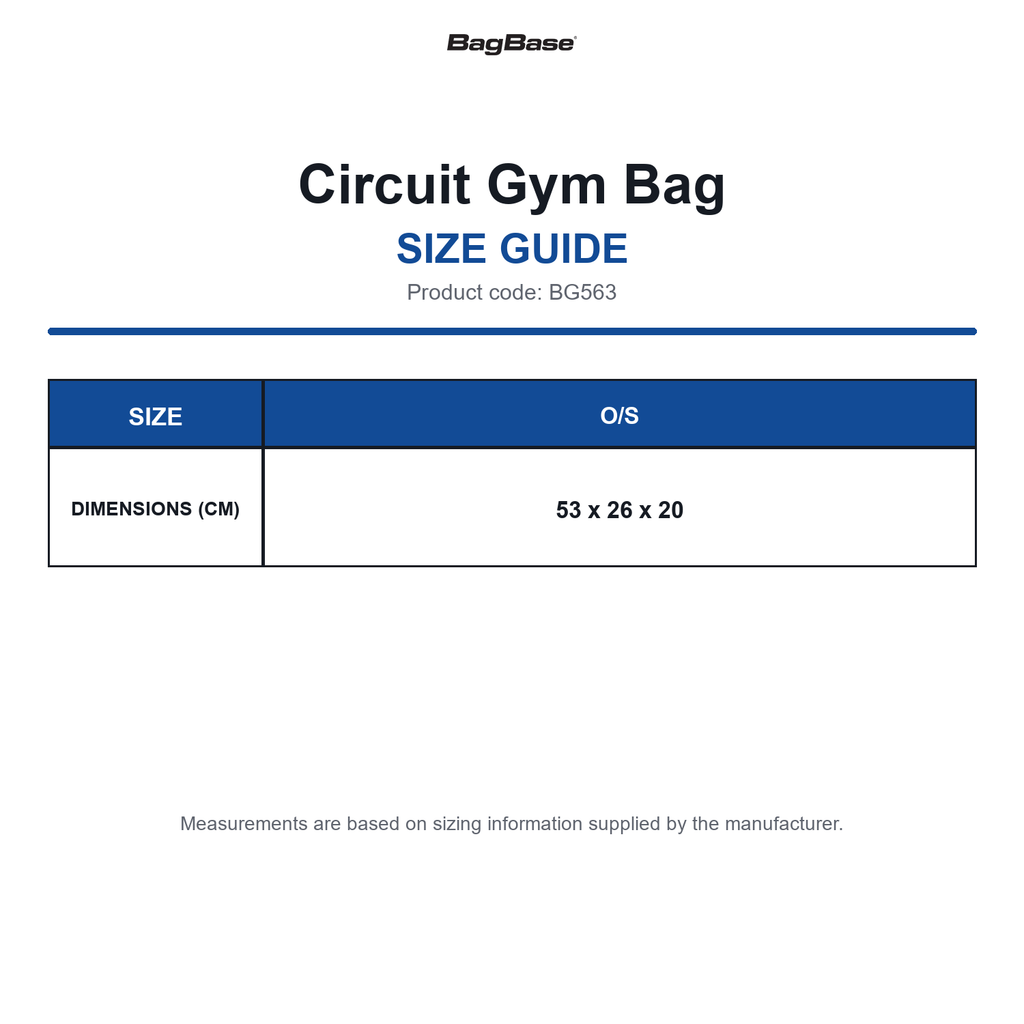 BG563 Bagbase Circuit Gym Bag size guide (BG563)