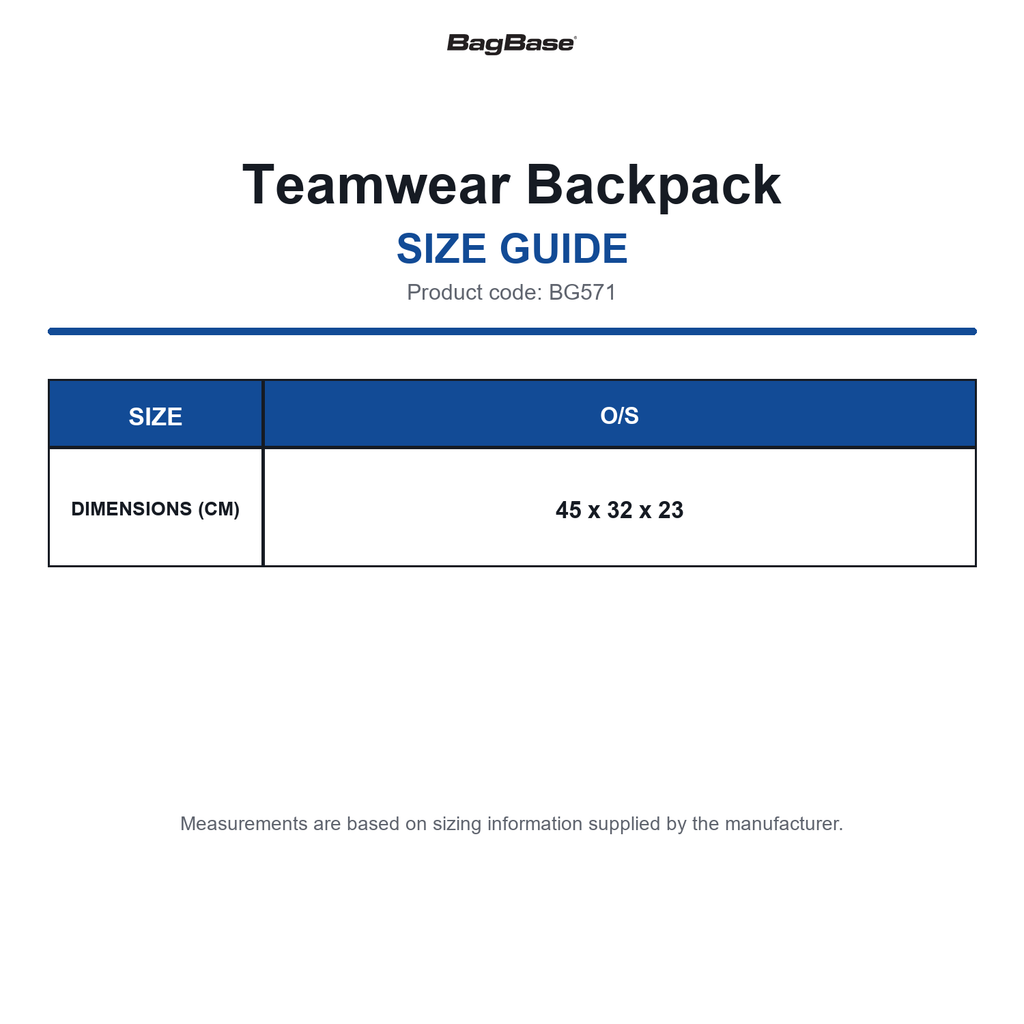 BG571 Bagbase Teamwear Backpack size guide (BG571)