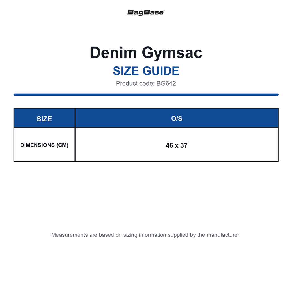 BG642 Bagbase Denim Gymsac size guide (BG642)