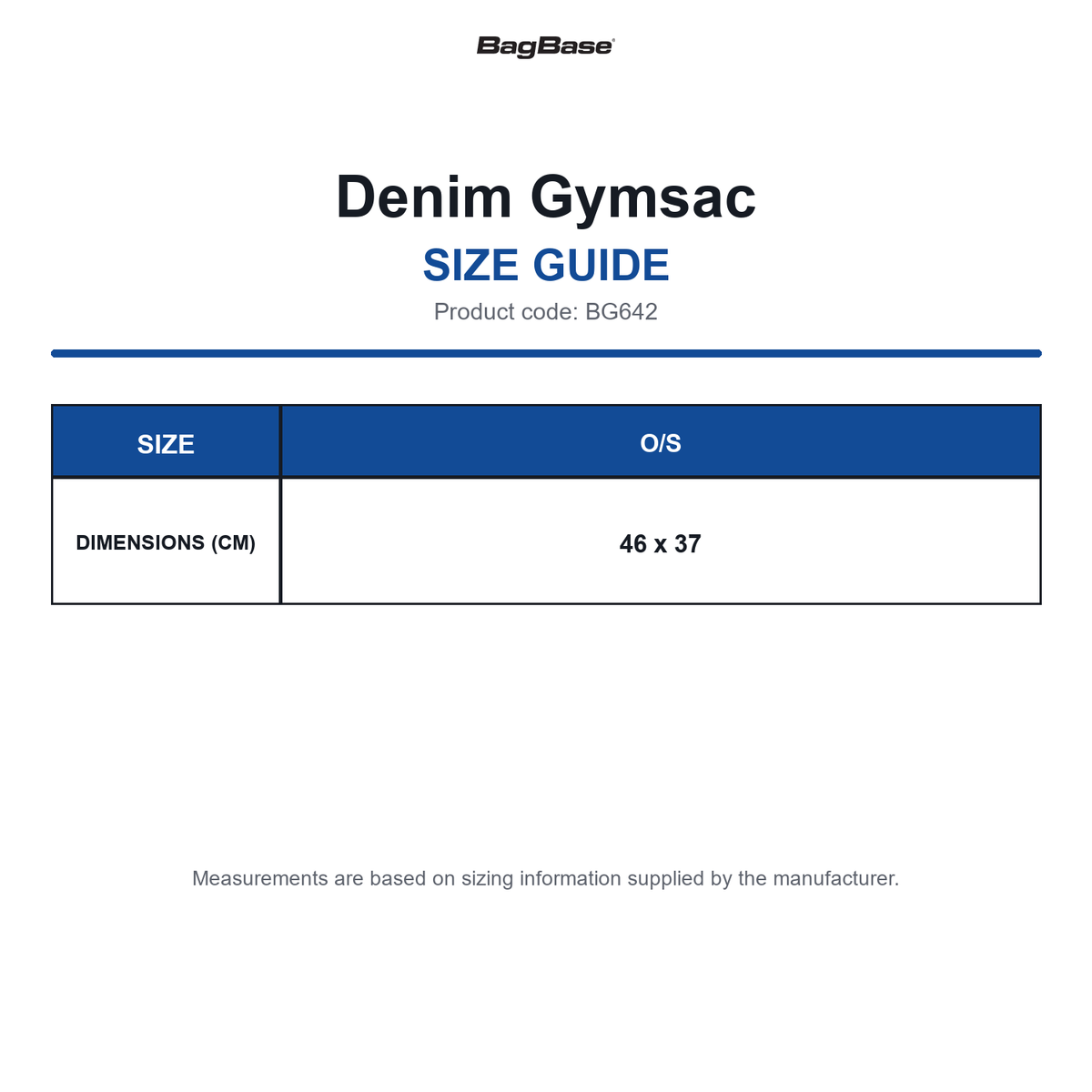 BG642 Bagbase Denim Gymsac size guide (BG642)