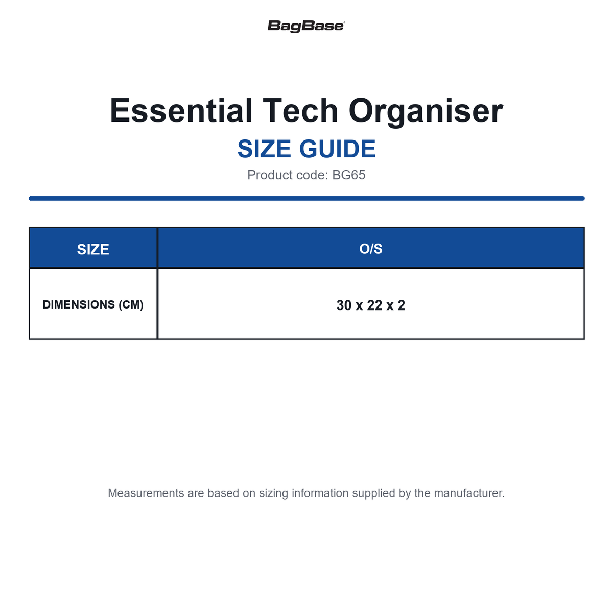 BG65 Bagbase Essential Tech Organiser size guide (BG65)