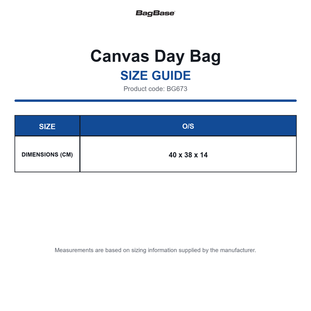 BG673 Bagbase Canvas Day Bag size guide (BG673)