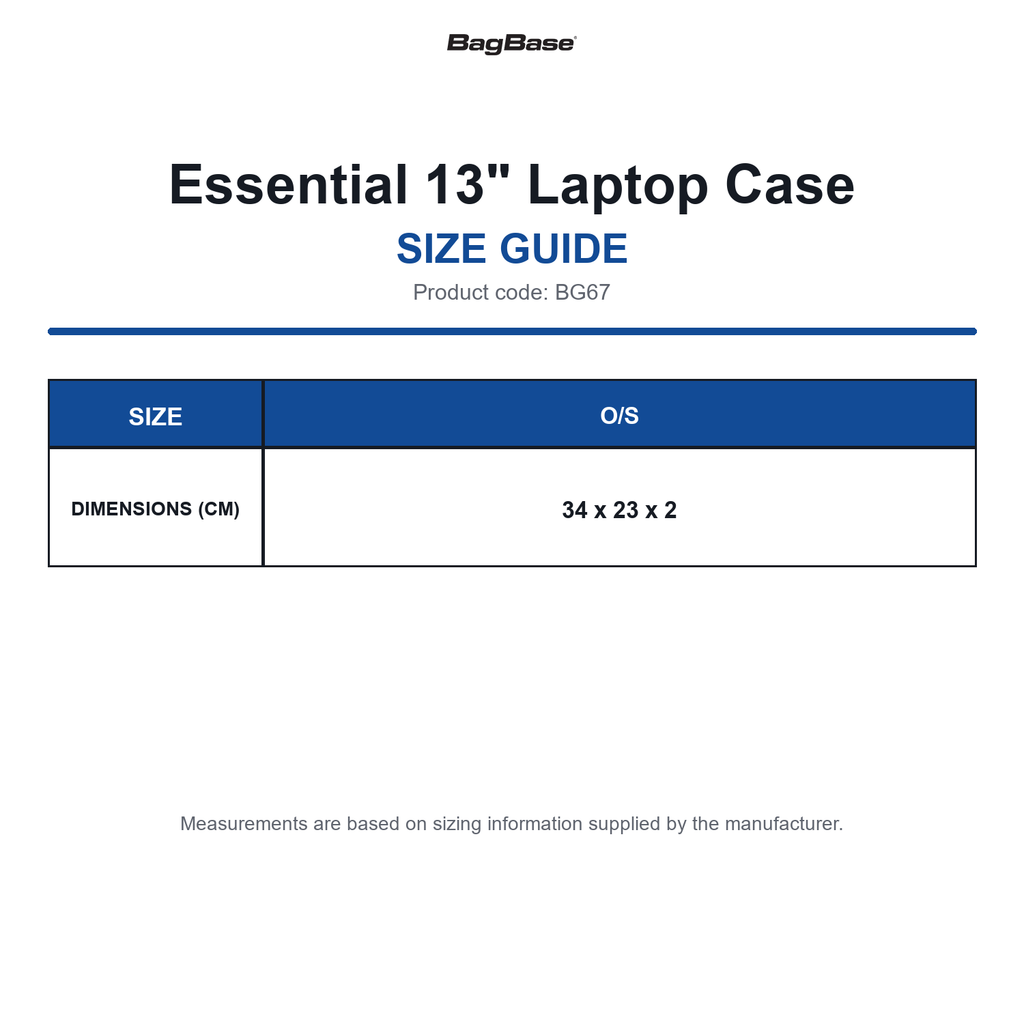 BG67 Bagbase Essential 13" Laptop Case size guide (BG67)