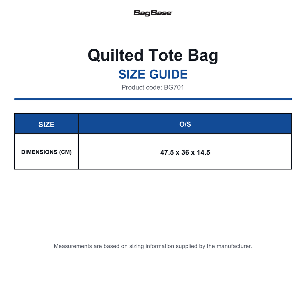 BG701 Bagbase Quilted Tote Bag size guide (BG701)