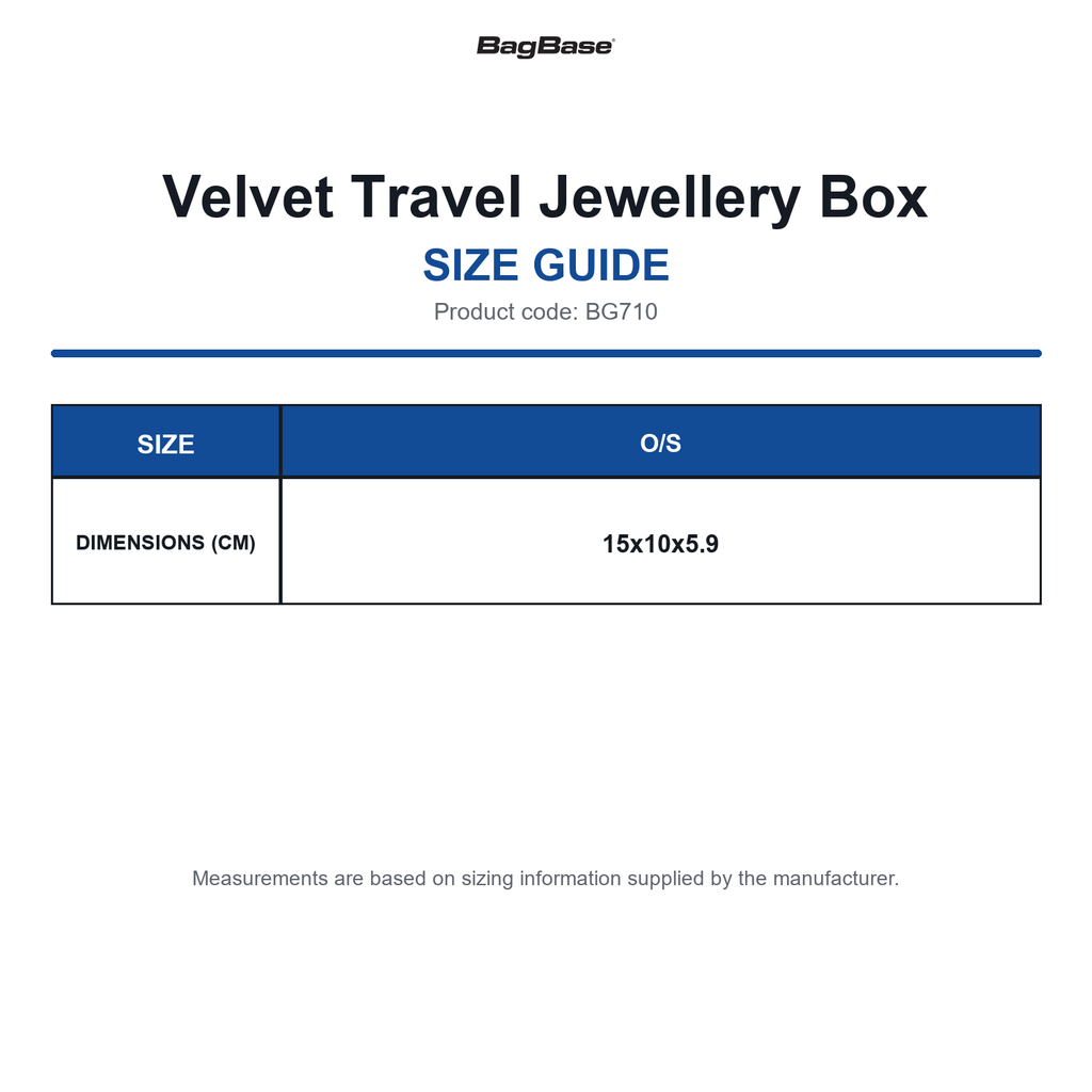 BG710 Bagbase Velvet Travel Jewellery Box size guide (BG710)