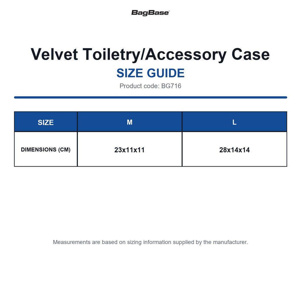 BG716 Bagbase Velvet Toiletry/Accessory Case size guide (BG716)