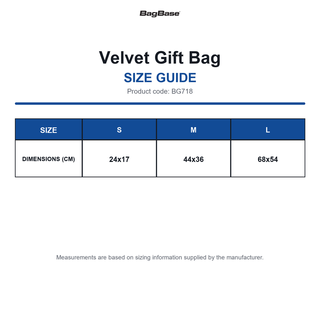BG718 Bagbase Velvet Gift Bag size guide (BG718)