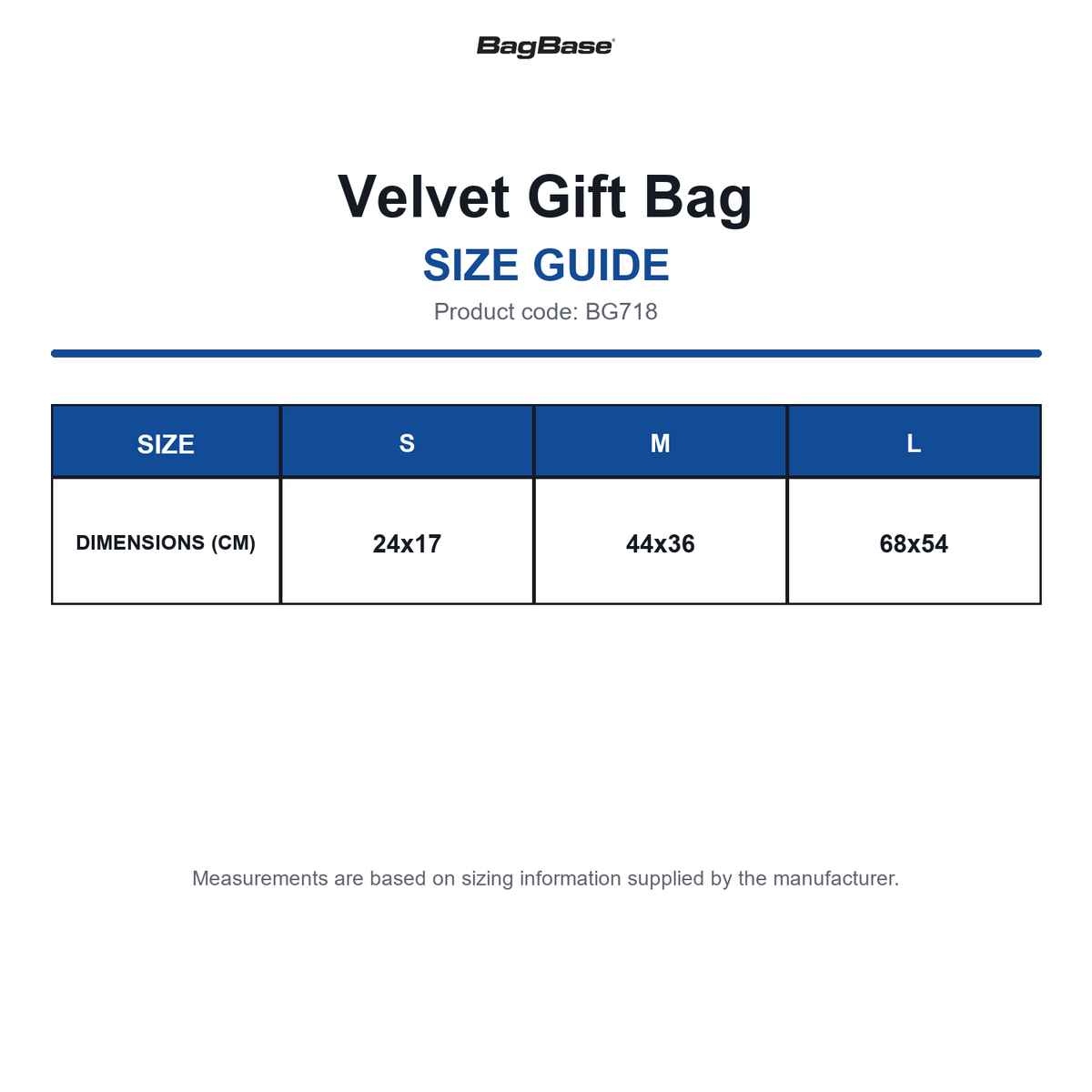 BG718 Bagbase Velvet Gift Bag size guide (BG718)