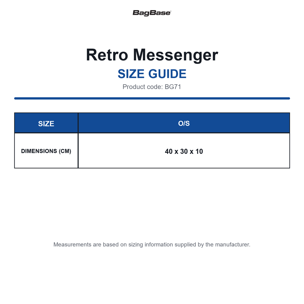 BG71 Bagbase Retro Messenger size guide (BG71)