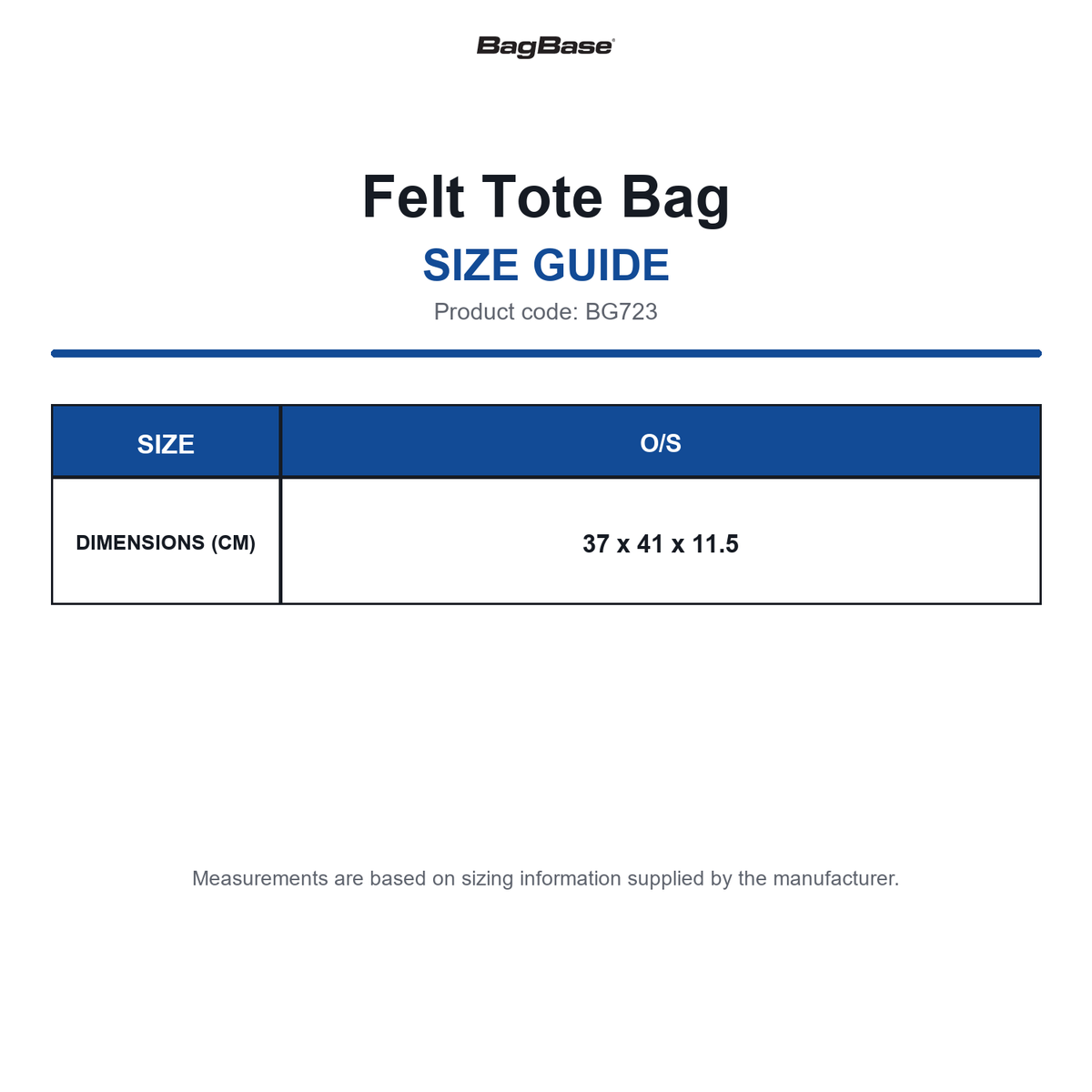 BG723 Bagbase Felt Tote Bag size guide (BG723)