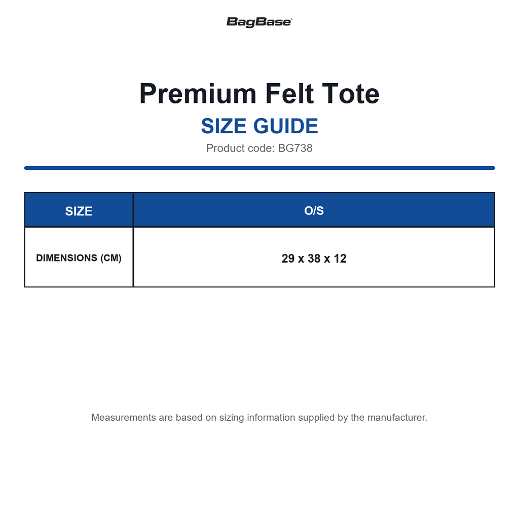 BG738 Bagbase Premium Felt Tote size guide (BG738)