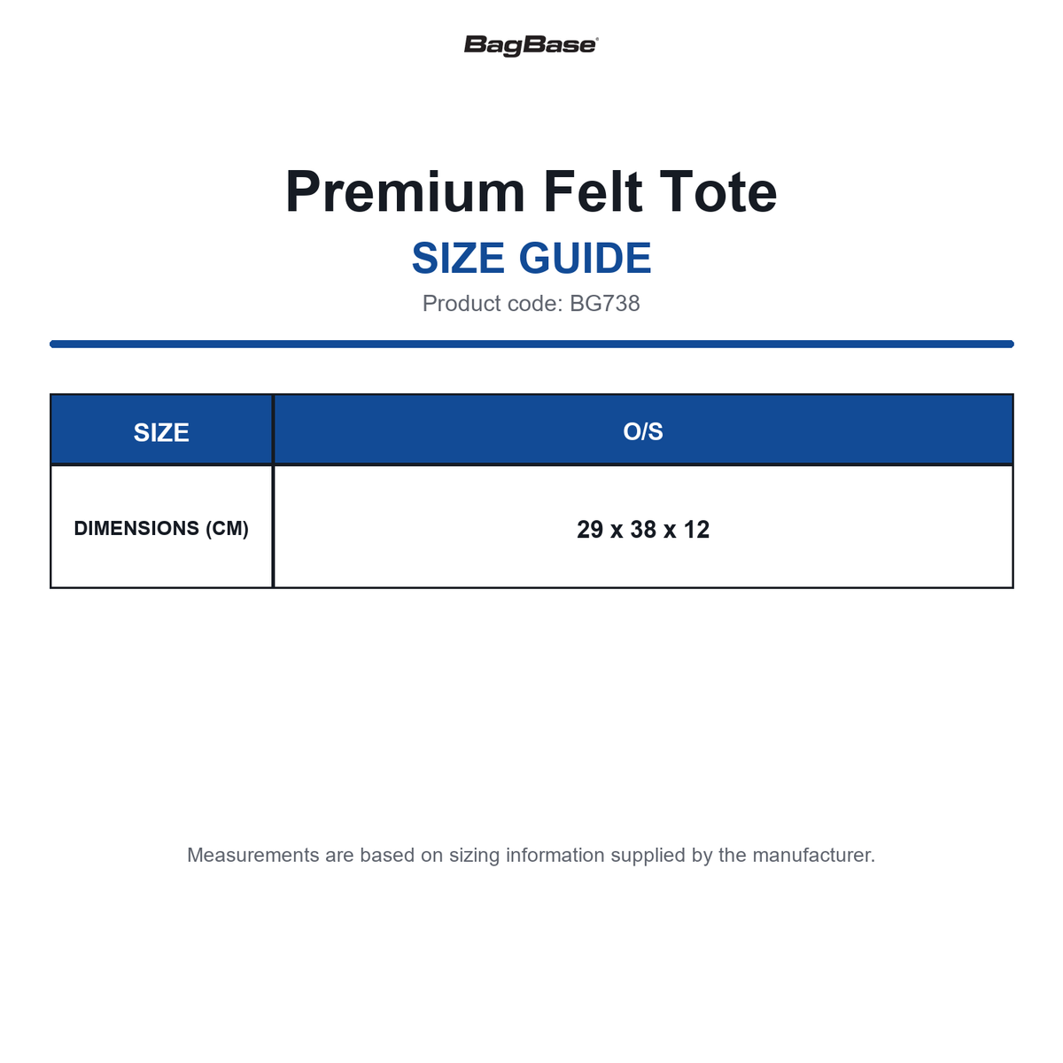 BG738 Bagbase Premium Felt Tote size guide (BG738)
