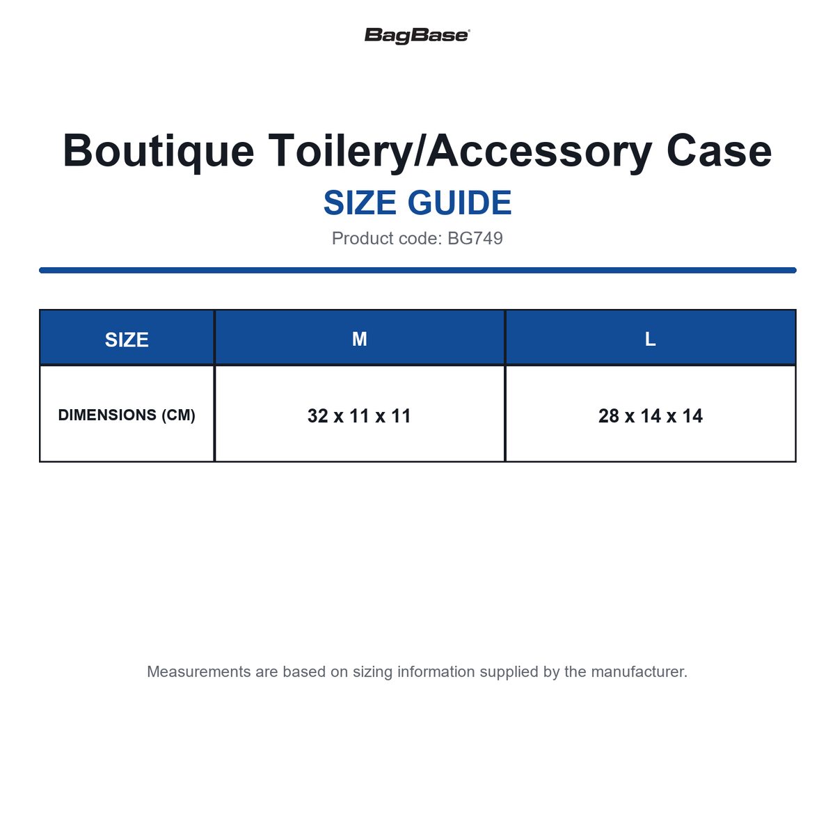BG749 Bagbase Boutique Toilery/Accessory Case size guide (BG749)