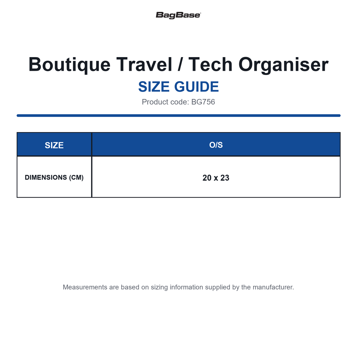BG756 Bagbase Boutique Travel / Tech Organiser size guide (BG756)