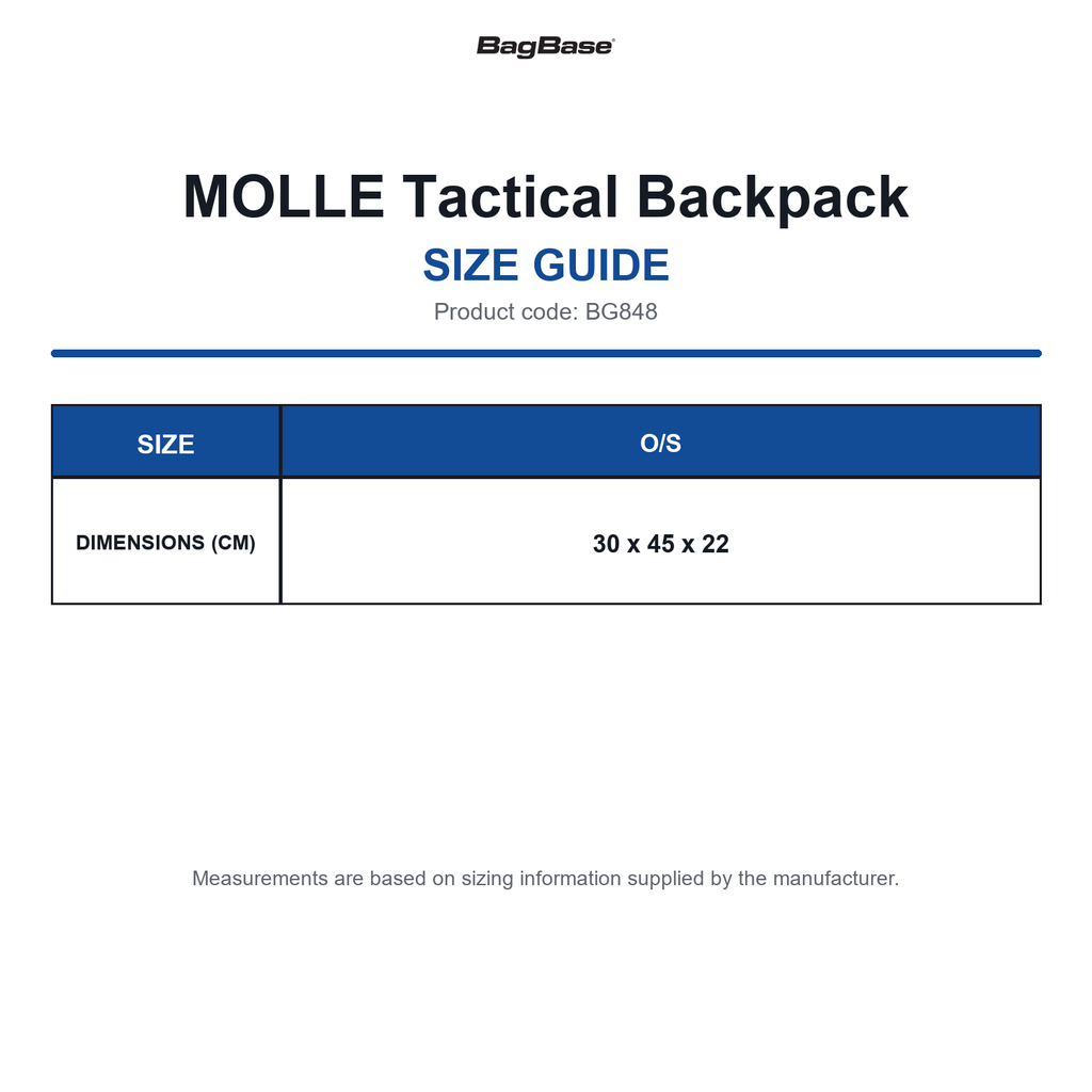 BG848 Bagbase MOLLE Tactical Backpack size guide (BG848)