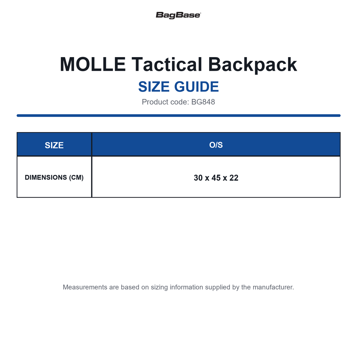 BG848 Bagbase MOLLE Tactical Backpack size guide (BG848)