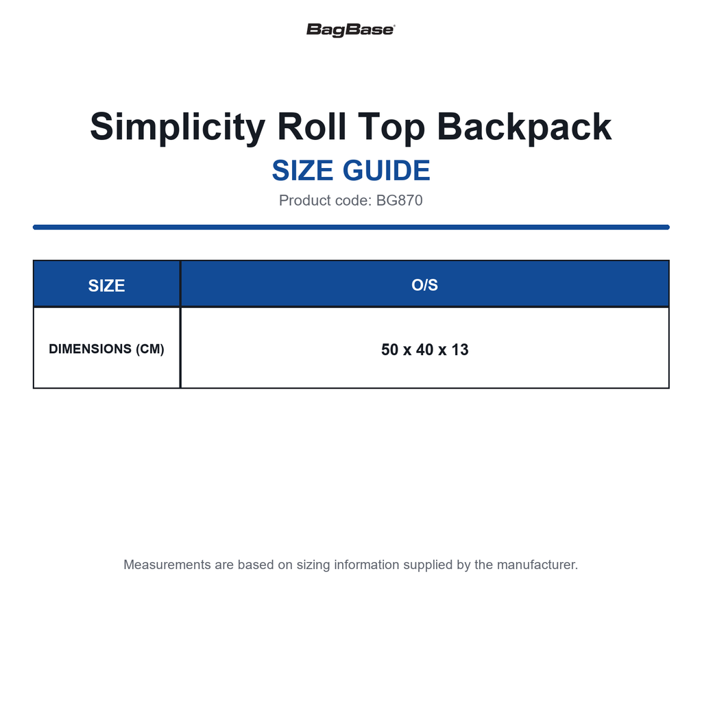 BG870 Bagbase Simplicity Roll Top Backpack size guide (BG870)