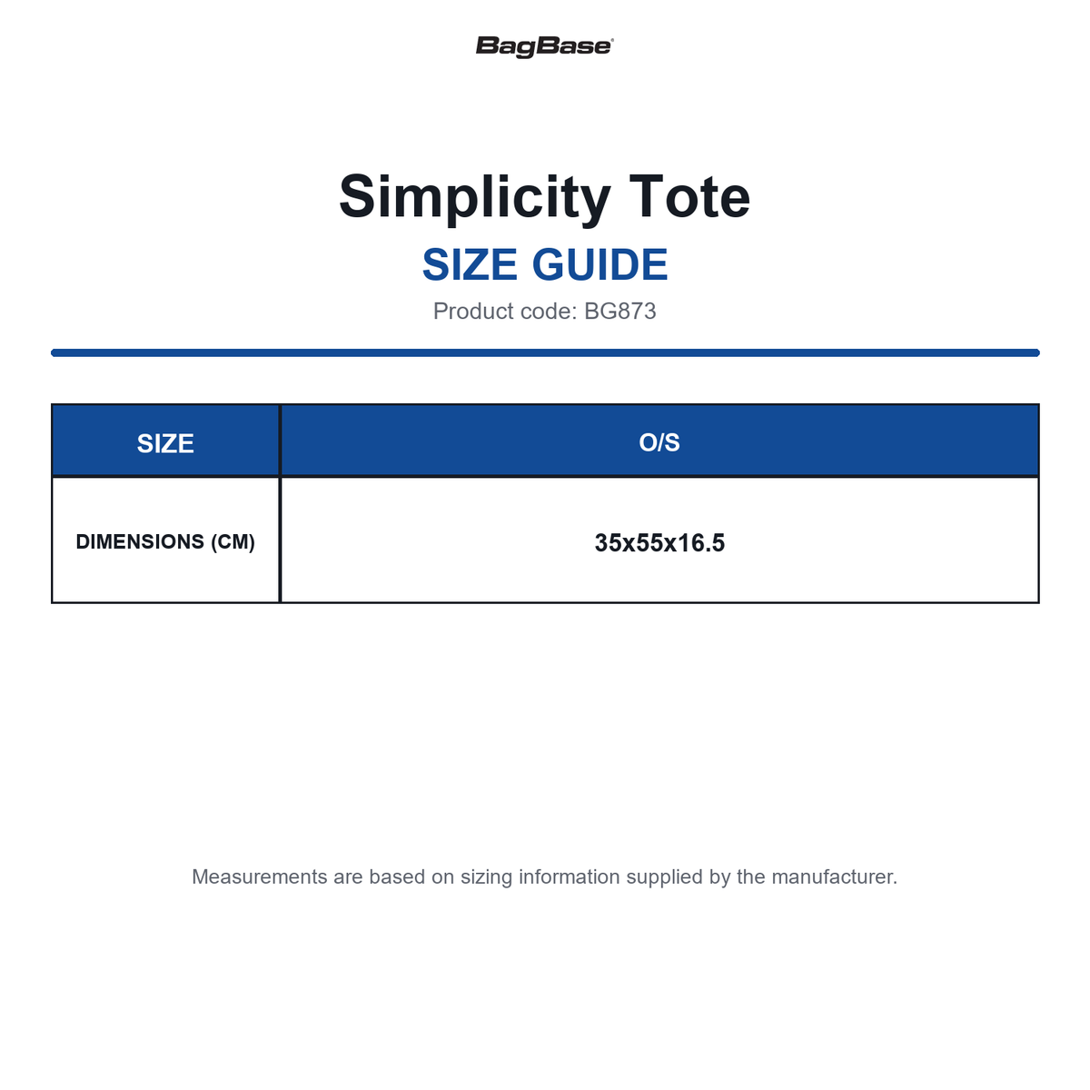 BG873 Bagbase Simplicity Tote size guide (BG873)