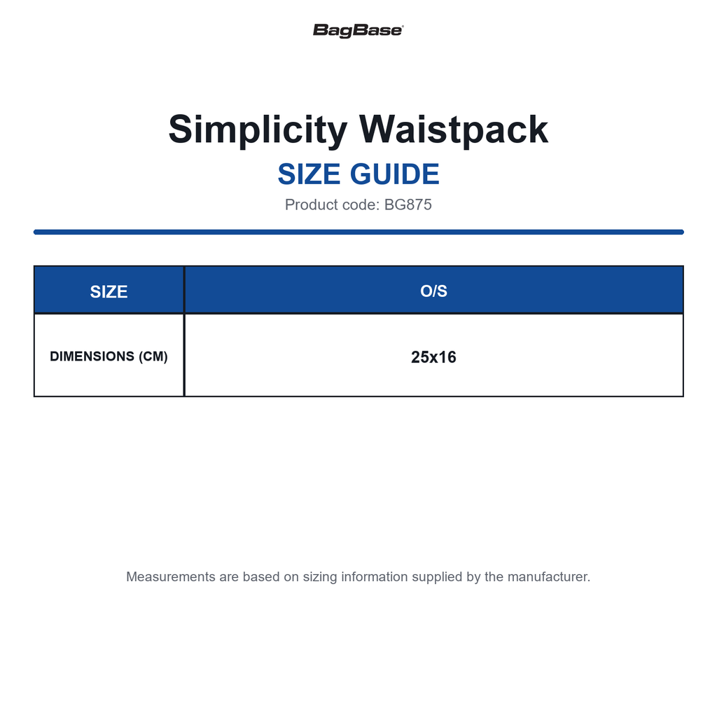 BG875 Bagbase Simplicity Waistpack size guide (BG875)